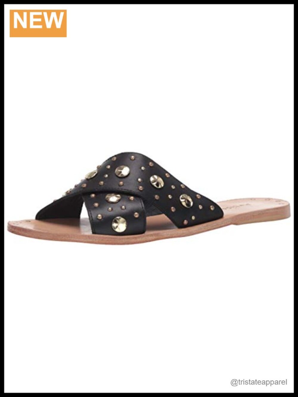 Leather Slide Sandals Slingback Rhinestone Padded Flats